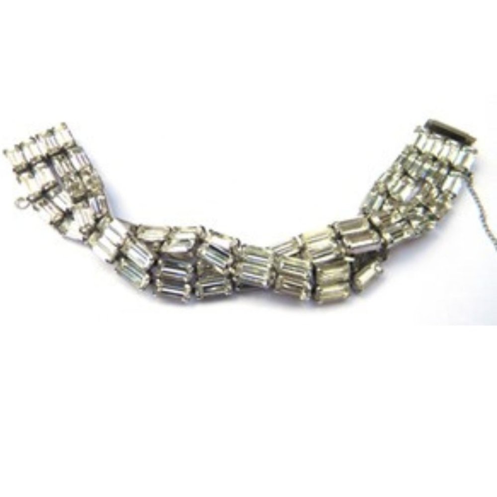 Vintage WEISS Twisted Double Strand Prong Set Clear Rhinestone Bracelet 1" Wide